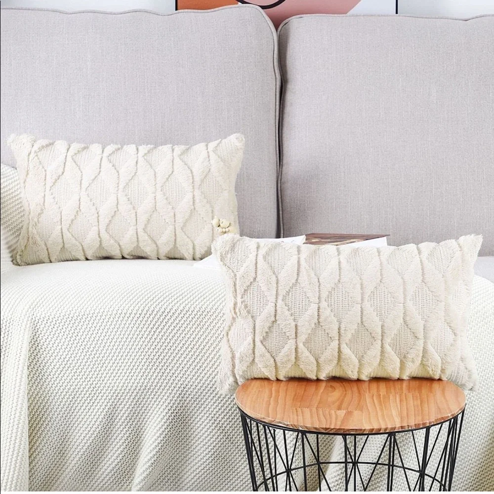 Luxury Home | Cream Soft Plush Short Wool Luxe Lumbar Throw Pillow Covers